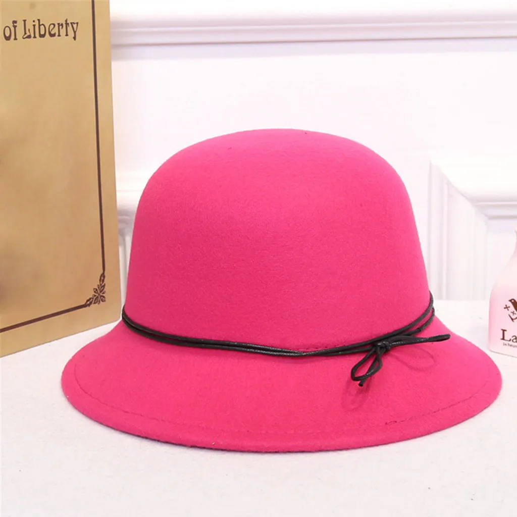 Hot Pink Модная женская шерстяная фетровая шляпа с широкими полями и поясом, корейская мода, элегантная шляпа с бантом, gorras mujer# pingyou - Цвет: Hot Pink