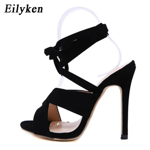 Black Eilyken/Новинка года; босоножки на высоком каблуке с открытым носком; женские вечерние босоножки на шпильке со шнуровкой; свадебные туфли - Цвет: Black