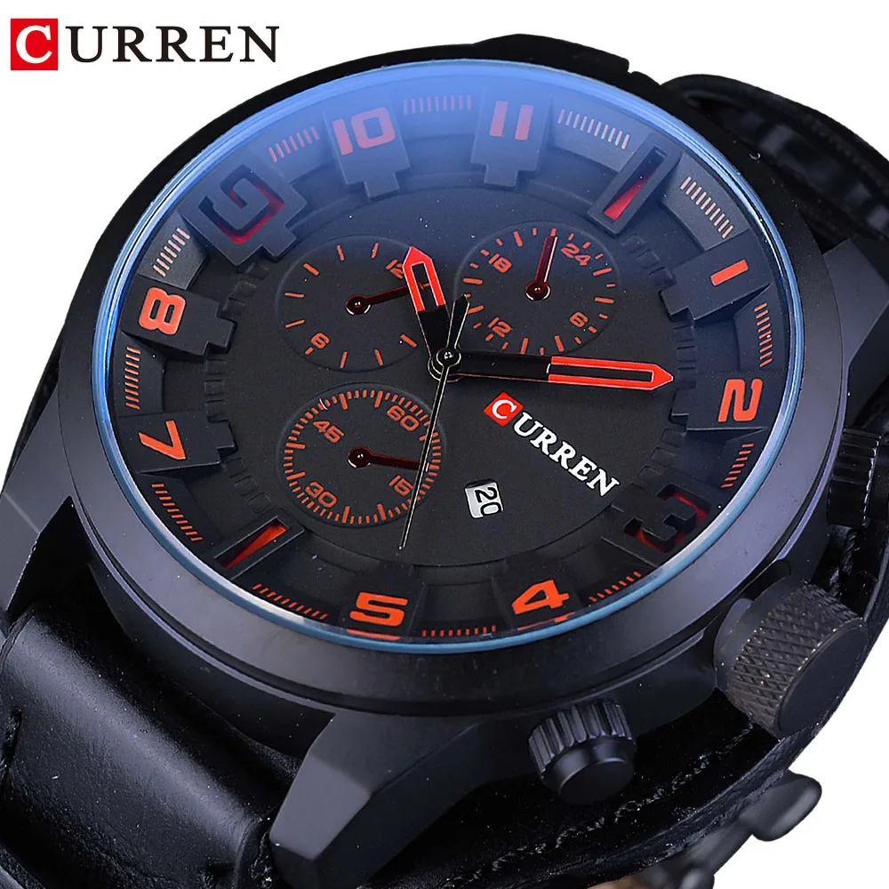 

CURREN Black Genuine Leather Blue Glass Military Calendar Mens Sprot Wrist Watches Top Brand Luxury Male Army Watch Male Clock
