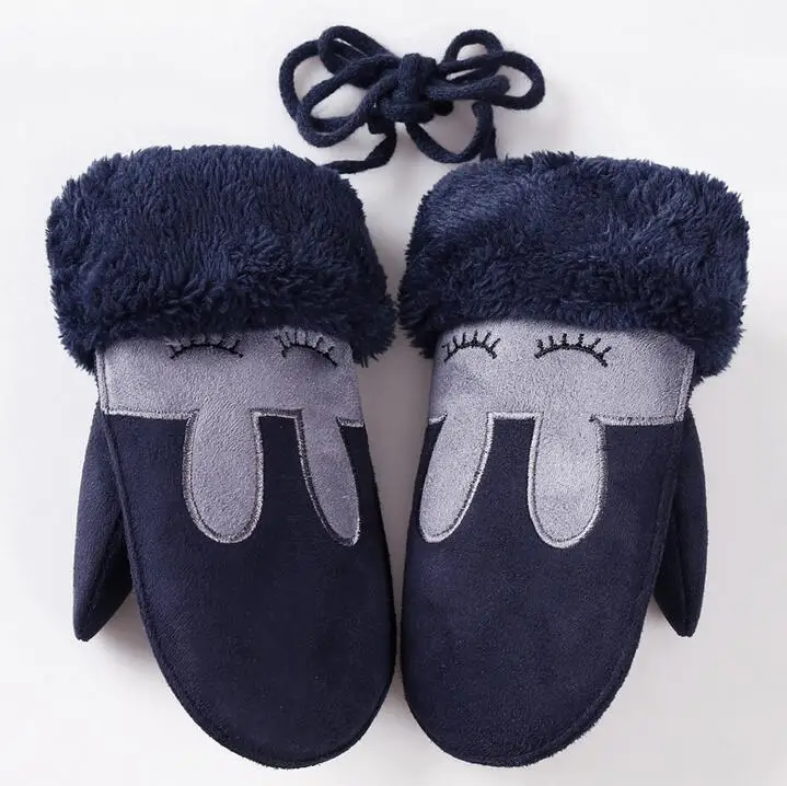 D Dark Blue Милые детские зимние толстые кашемировые хлопковые теплые замшевые кожаные варежки с кроликом из мультфильма для мальчиков и девочек, перчатки из искусственной овчины 100D - Цвет: D Dark Blue
