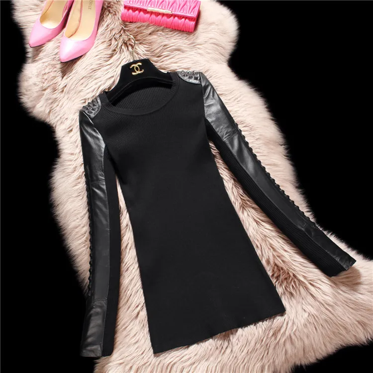 Женская Черная хлопковая Лоскутная Базовая рубашка свитер кожаная одежда из