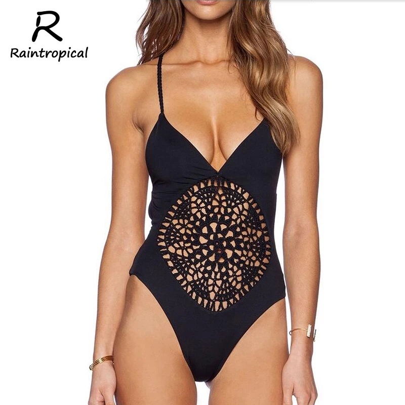 Sexy One Piece Купальники Женщины 2017 Лето Плавание Сетка Боди Высоких Частот Крючком