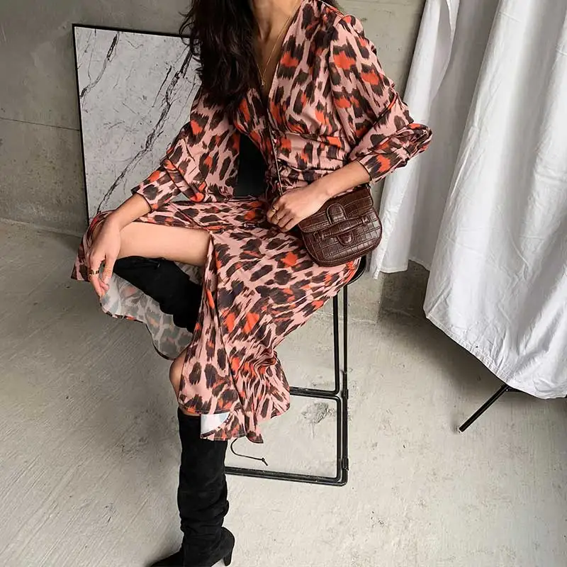 SWEET THING LONG SLEEVE DRESS leopard print button-down front women dress chiffon chic summer autumn 2019 E21 | Женская одежда