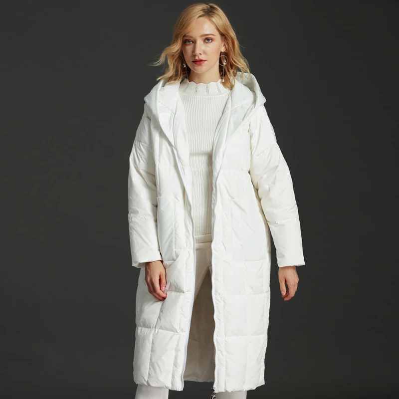 

YNZZU Brand New Winter Women Long Down Jackets Casual Loose Duck Down Coats with Hooded High Quality Woman Winter Coat AO305