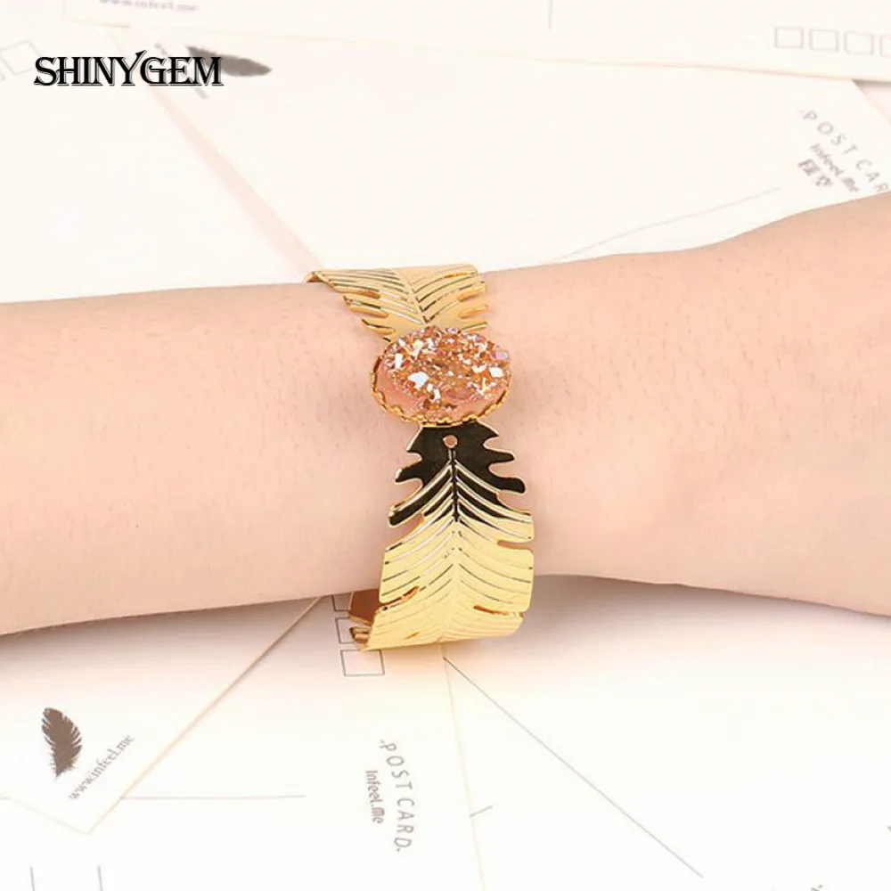 ShinyGem Красочные Овальные браслеты из драгоценных камней с золотыми перьями