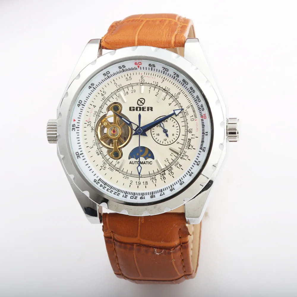 GOER Новая мода Tourbillion мужская одежда мальчик автоматические механические кожаные мужские спортивные часы большой циферблат Relojes Hombre