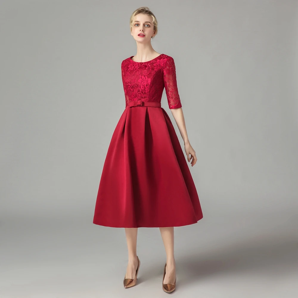 SSYFashion/Новые платья для матери невесты, банкетное элегантное бордовое кружевное сатиновое платье длиной до середины голени с коротким рукавом, вечернее платье