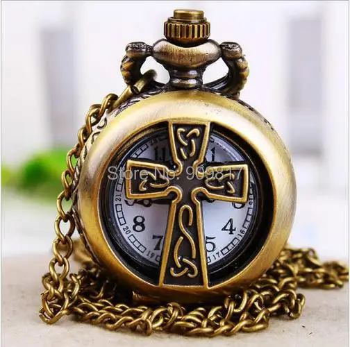 

10 pcs/lot Vintage bronze Hollow out Christian pattern steampunk Men women Quartz pocket watch necklace dial 2.5cm