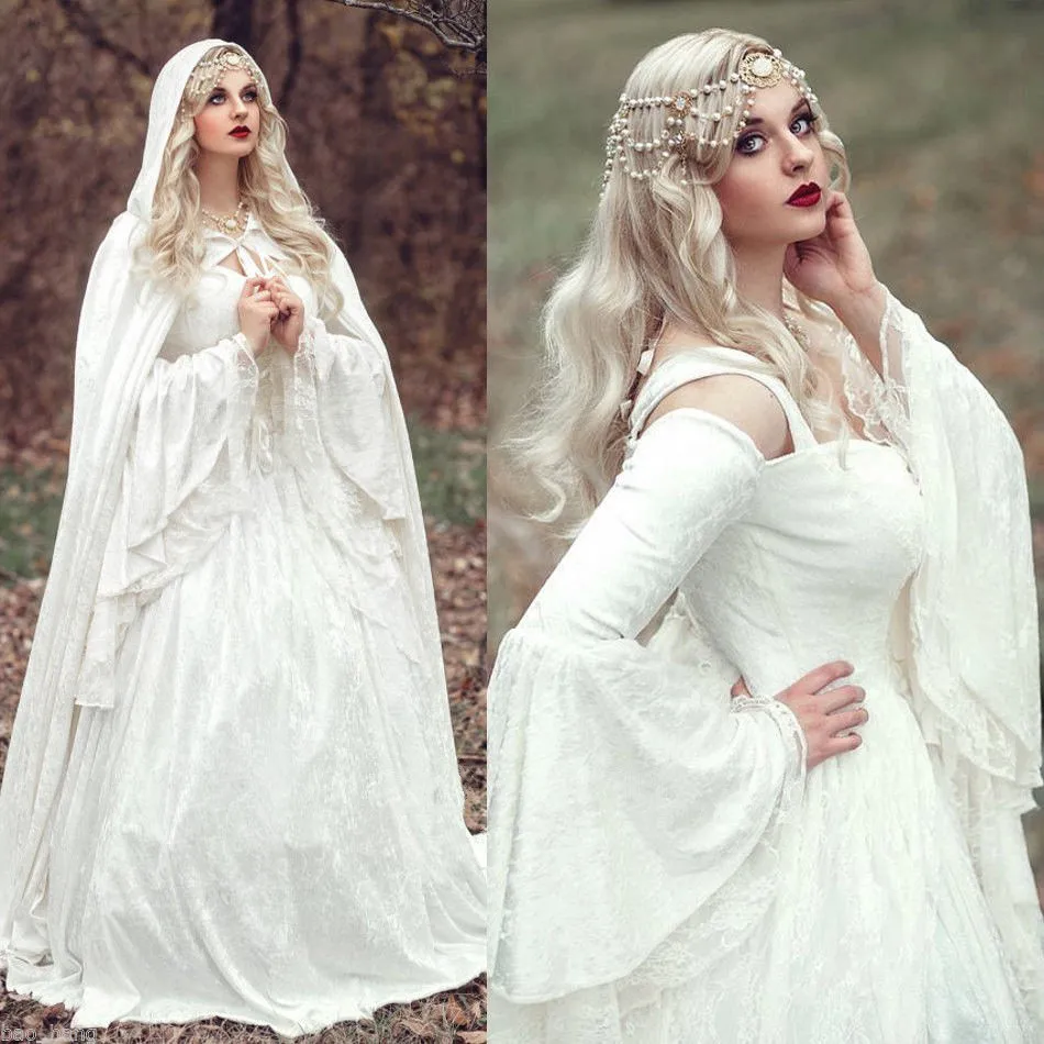 MZYCH04 Vintage Renaissance Белое Свадебное Платье Celtic Средневекового Белл Рукава