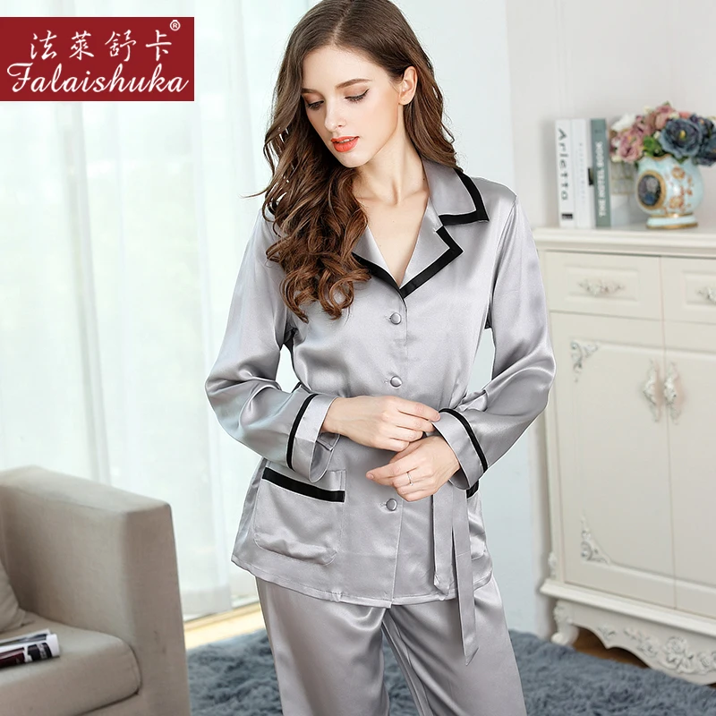 Woman Tops Pajamas Full Sleeve Spring 2019 Silk Satin Nightwear Grey Pyjamas Women Summer 100% Silk Sleepwear 2pcs/set M L XL