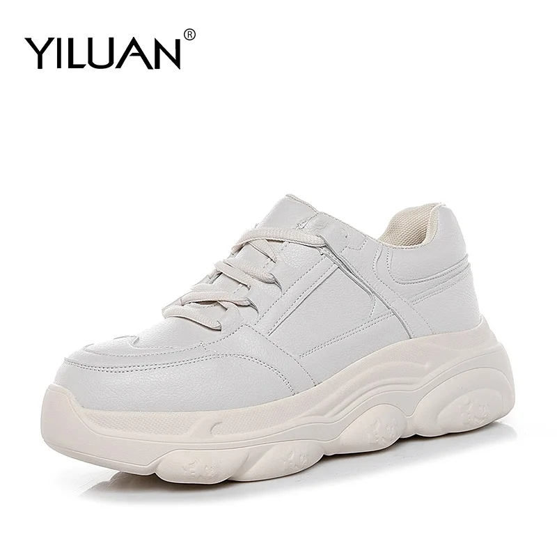 Yiluan/кожаные кроссовки; женские тонкие туфли на платформе; Базовая модель года; сезон осень; белая повседневная обувь для женщин; маленькие размеры 32, 33, 34 - Цвет: Бежевый