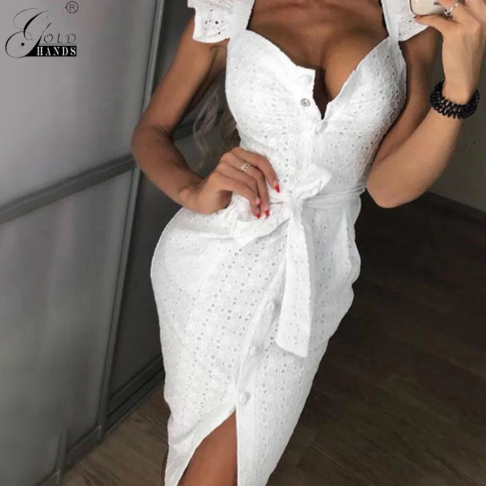 Женское платье с вышивкой золотыми руками белое элегантное ажурное на пуговицах