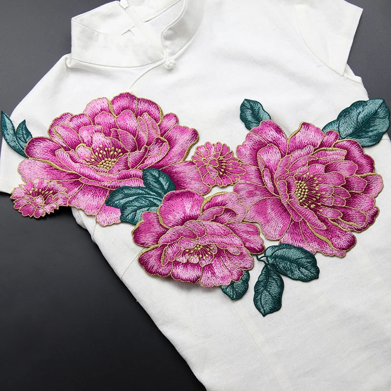 

New high quality 3colors patchs 44*25cm embroidery patch, big pcs parches Peony flower design sewing patches for clothing