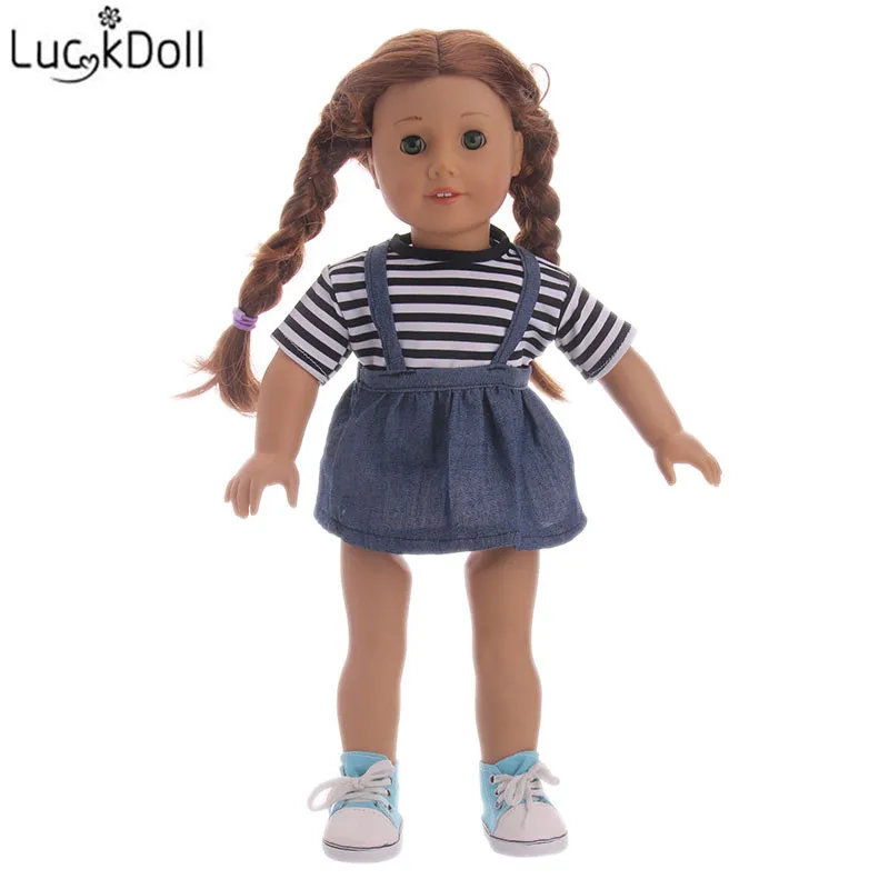 LUCKDOLL топ в полоску + джинсовая юбка на бретельках аксессуары для кукол 18 дюймов