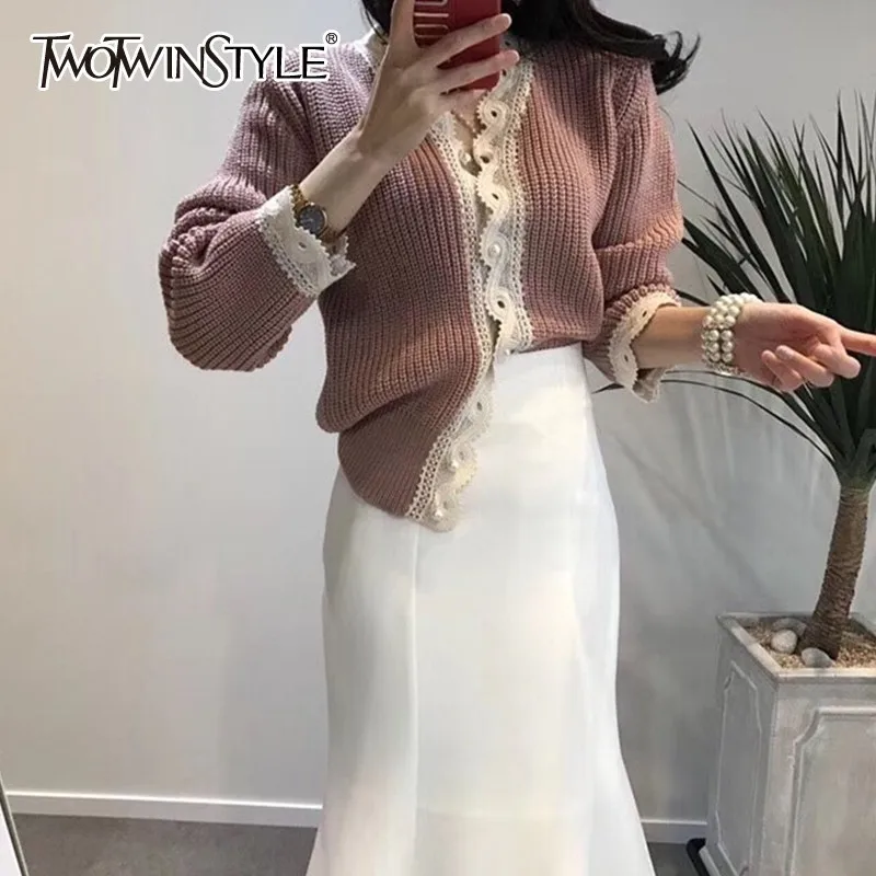 TWOTWINSTYLE, вязаный женский свитер, длинный рукав, пэчворк, кружевные кардиганы для женщин, корейская мода, женская осенняя одежда