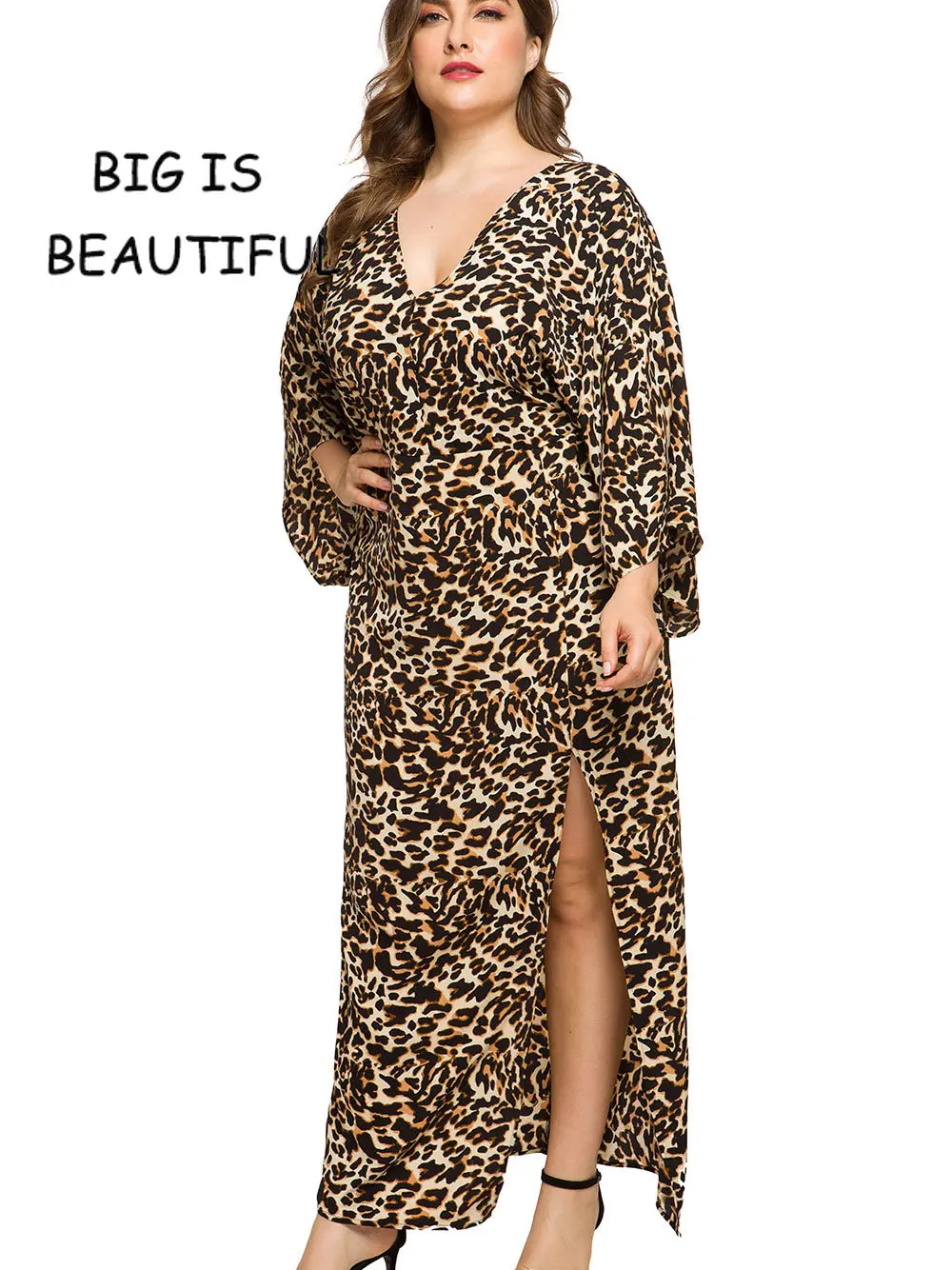 Plus Size Women Maxi Leopard Print Batwing Sleeve Dress Ladies Summer Long Large Vent Dresses Female 6xl Ankle Length | Женская одежда