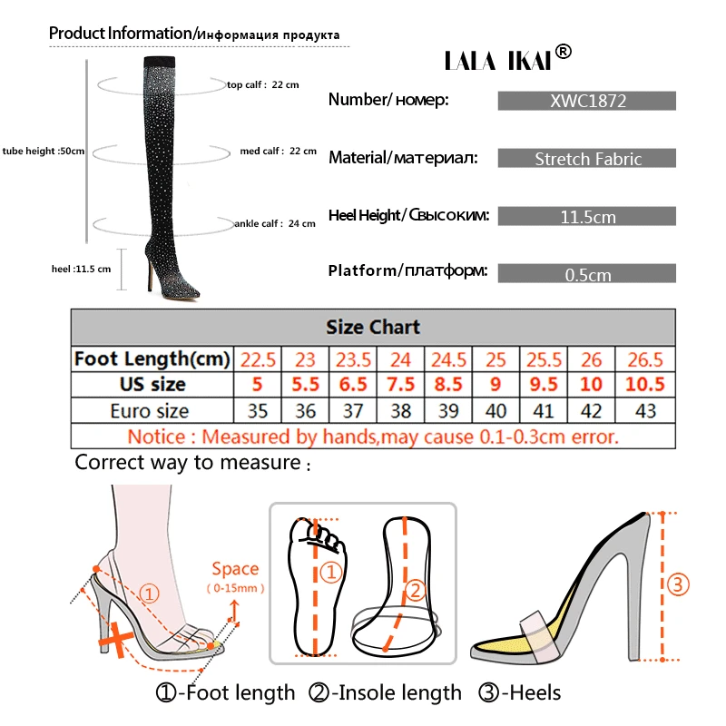 

LALA IKAI Women Black Knee Crystal Lycra Stretch Boots High Heels Pointed Toe Night Club Slip-On Overknees Boots 014C1872 -4