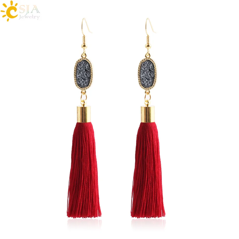 CSJA длинные женские серьги с кисточками Boho натуральный кристалл Druzy Druse висячие