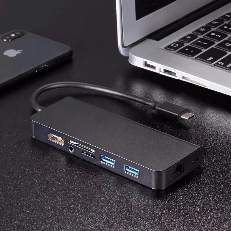 TYPE C 8 в 1 адаптер HDMI + RJ45 USB USB3.0 * 2 SD TF аудио компактный и умный делает вашу цифровую