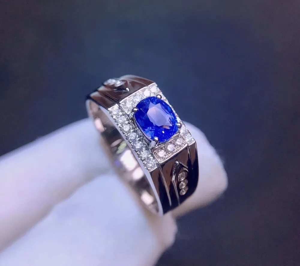 Ювелирные изделия из чистого 18 K Белый Золотой настоящие натуральные васильковые синие сапфировые 1ct драгоценные камни Бриллианты мужские кольца для мужчин тонкое кольцо