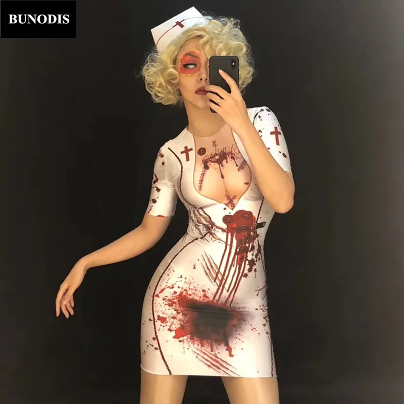 ZD361 Hallowmas Clothed Women Sexy Nurse White Short  3D Printed Bloodstain Personality Costumes Nightclub Party Stage Wear