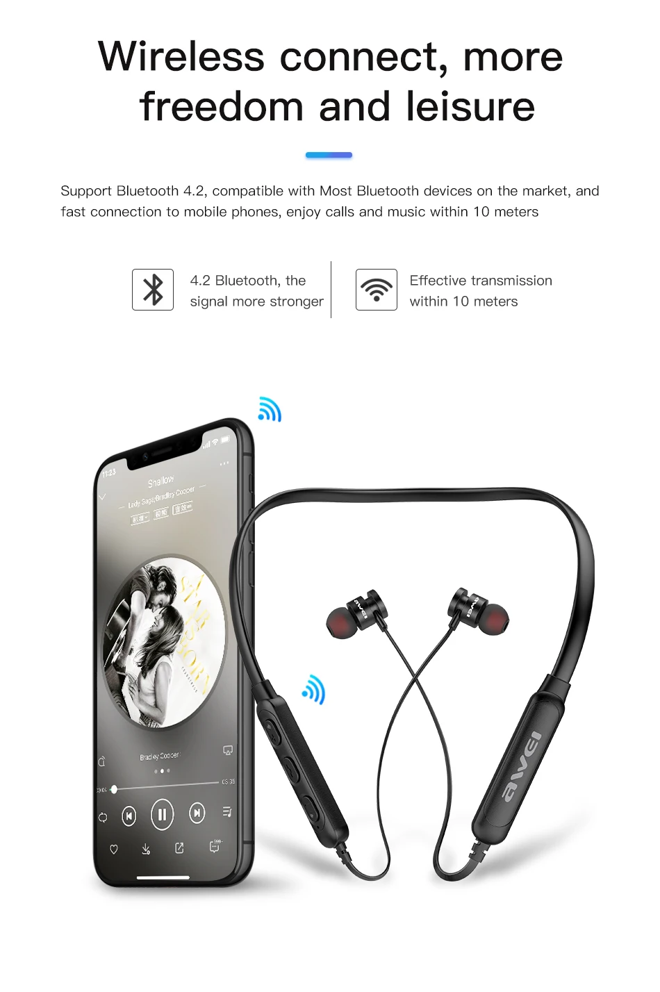 AWEI T11S, Bluetooth наушники, гарнитура, беспроводные наушники с микрофоном, 3D бас, стерео, шейным ремешком, спортивные наушники для телефона, iPhone, Xiaomi