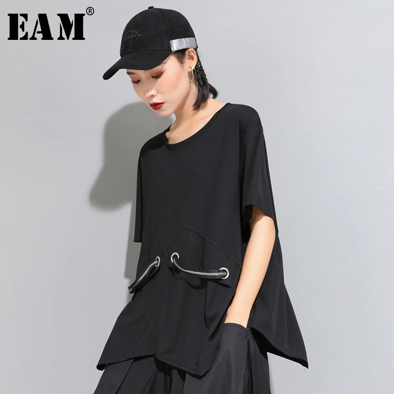 [EAM] New Spring Summer Round Neck Half Sleeve Black Loose Split Joint Big Size T-shirt Women Fashion Tide JW890 JW890