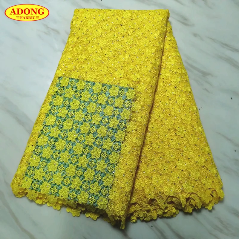Желтый цвет 5 ярдов Африканское водорастворимое кружево с камнями гипюровый в