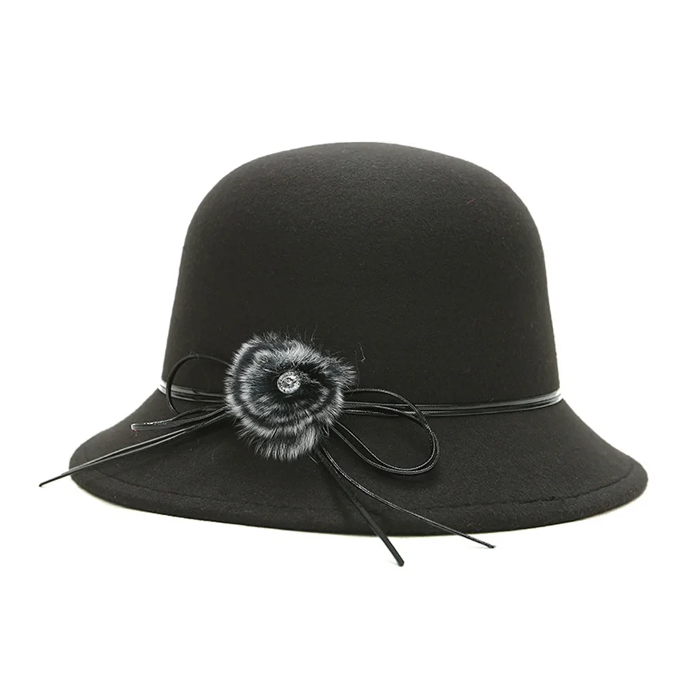 

Spring Autumn Felt Fedoras Hats Women Rhinestones Pompoms Bucket Faux Wool Winter Hat for Lady Elegant Casual Headwear Accessory