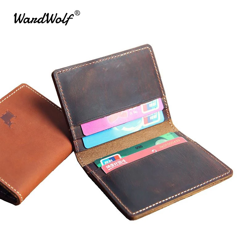 

WardWolf Genuine Crazy Horse Leather Men Wallet Handmade Vintage Small Thin Wallet Business Credit ID Card Cases Pack Holder