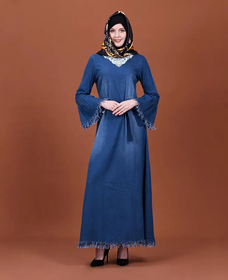 Мусульманский Для женщин кисточкой abaya Макси платье из джинсовой ткани с