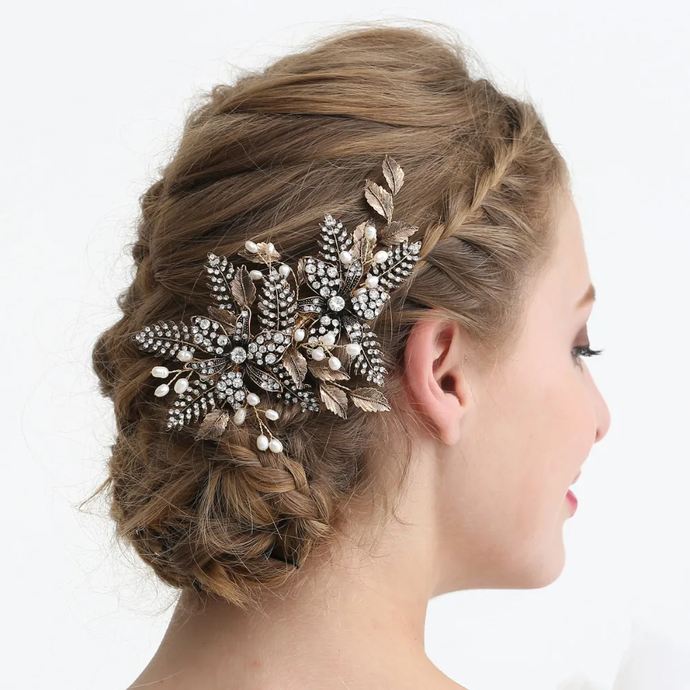 

Antique Gold And Crystal Leaf Wedding Headpiece Handmade Flower Bridal Hair Comb 2018 Hair Jewelry For Brides