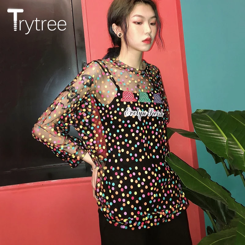 Trytree Летняя женская Повседневная футболка Модный Цветной сетчатый топ в горошек(жилет в подарок) вечерние футболки с круглым вырезом