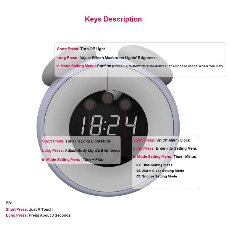 

Sensor LED Night Light with Mushroom Shaped Digital Alarm Clock Lamp Rechargeable Table Wall Clocks
