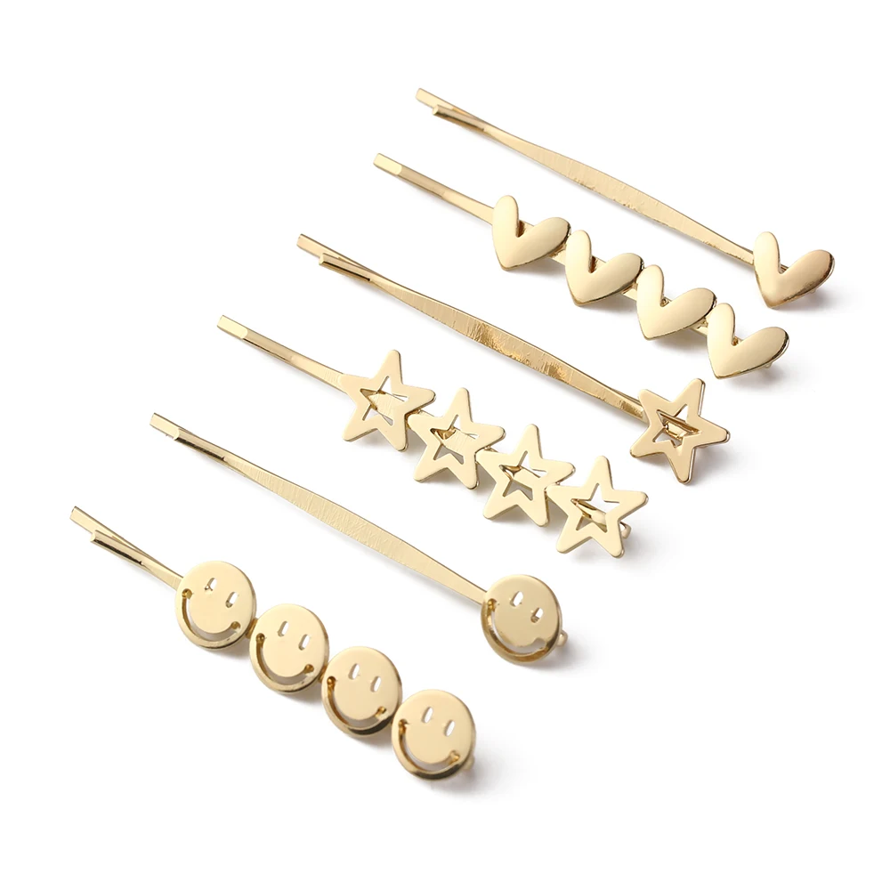 Korea Simple Metal Hairpins for Women Hollow Star Heart Shape Hair Clips Gold Color Smile Face Hairgrip Styling Accessories | Красота и