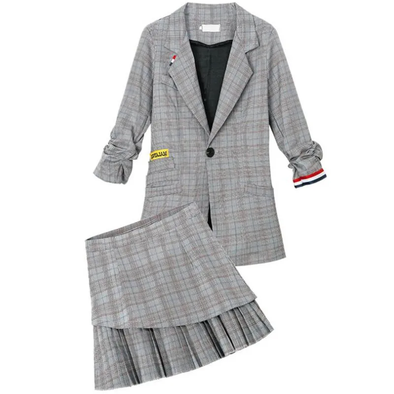 

Women Set 2018 Korean Fashion Autumn Blazer Suit Elegant Plaid Blazers&Pleated Mini Skirt Women Two Piece Outfits Matching Sets