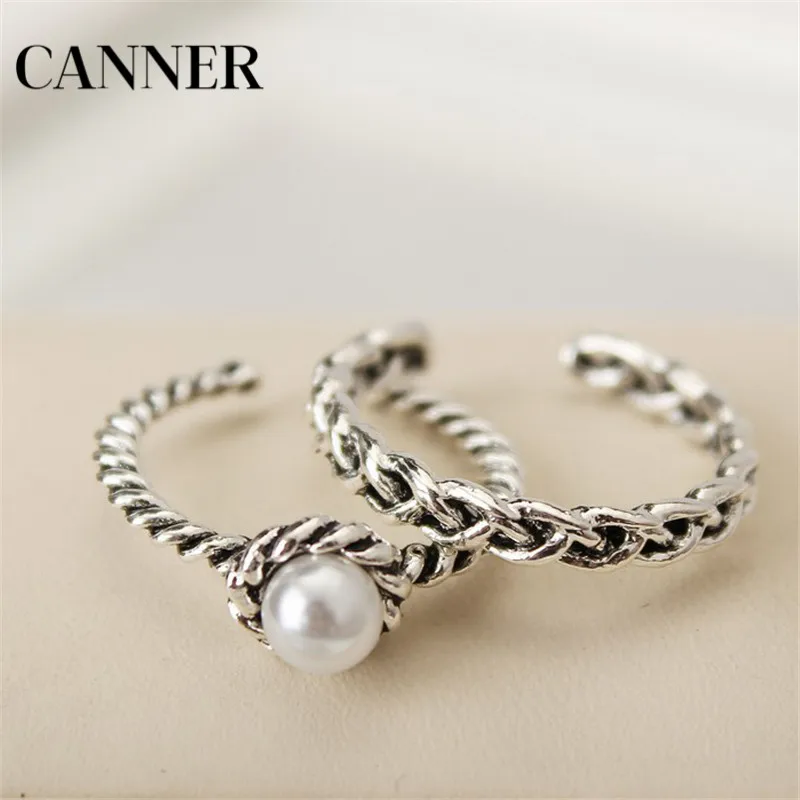 Canner 2Pcs/Set Antique Silver Color Rings Set Simulated Pearl Band Ring For Women Wedding Jewelry Gift  Украшения и