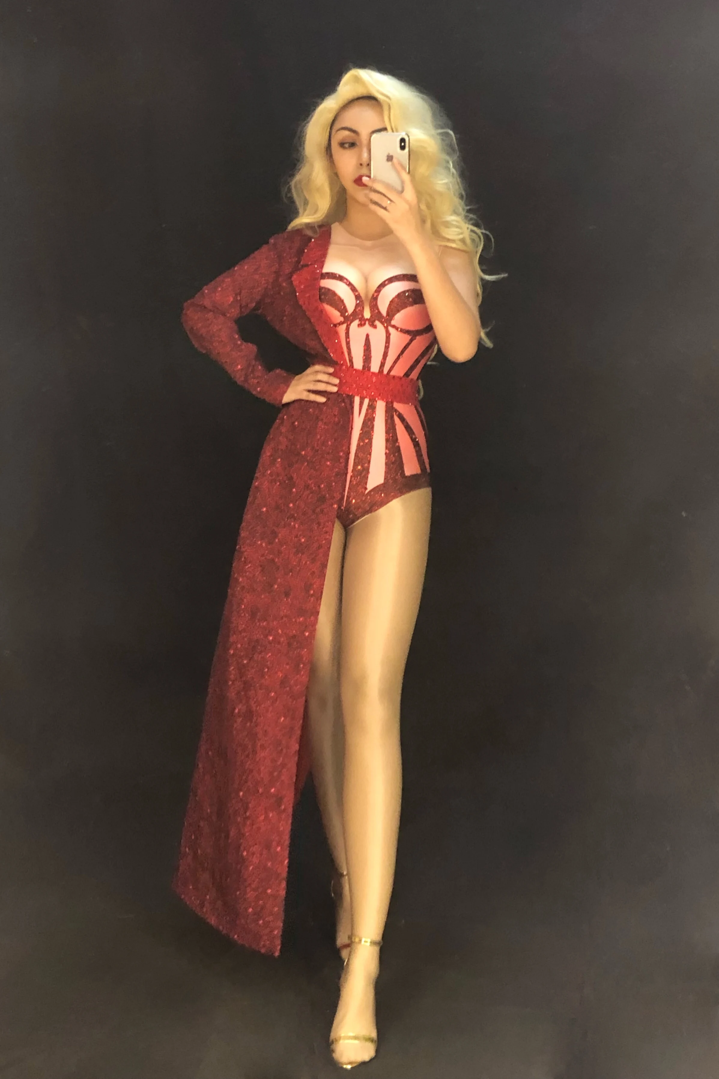 Women Sexy Stage Red Stretch Bodysuit Two Pieces Set Costume Stage Dance Wear Leotard Half Side Long Coat Performance Outfit