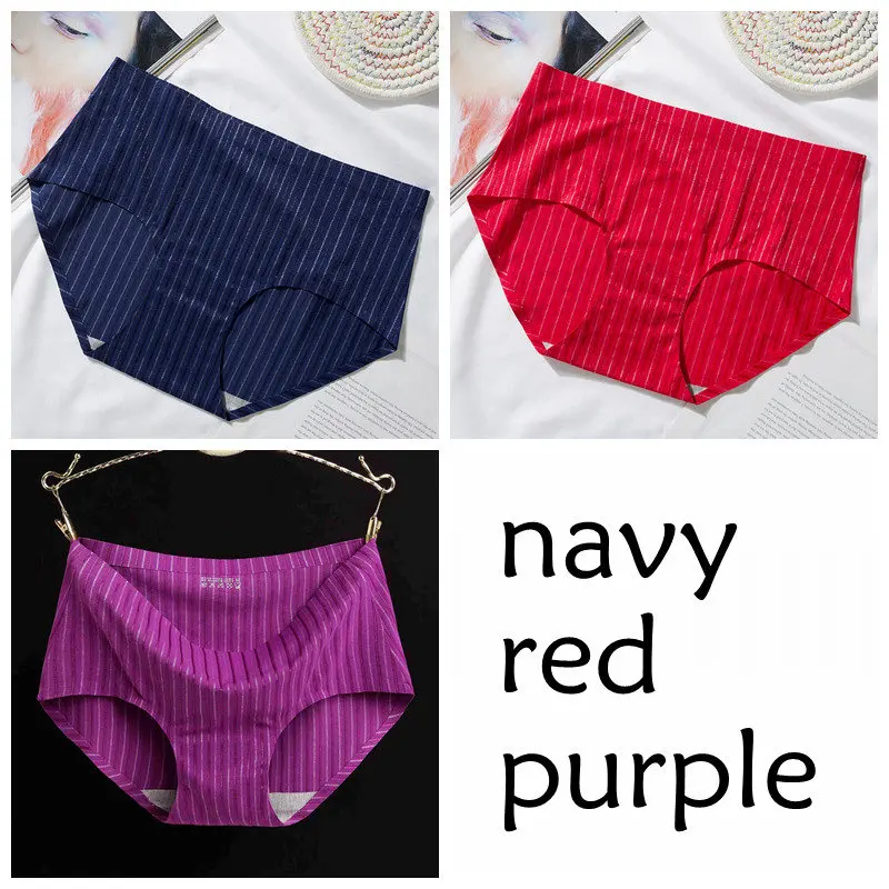 navy red purple SP& CITY, 3 шт., Полосатое бесшовное нижнее белье для женщин, ледяной шелк, сексуальные менструальные трусики, набор, средняя талия, хлопковые трусы, женское нижнее белье - Color: navy red purple