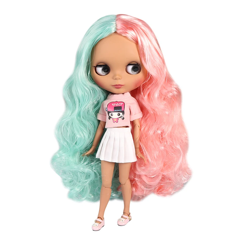 Фабрика blyth кукла 1/6 bjd шарнир тело темная кожа матовое лицо, мята и розовые волосы, 30 см BL4006/1010