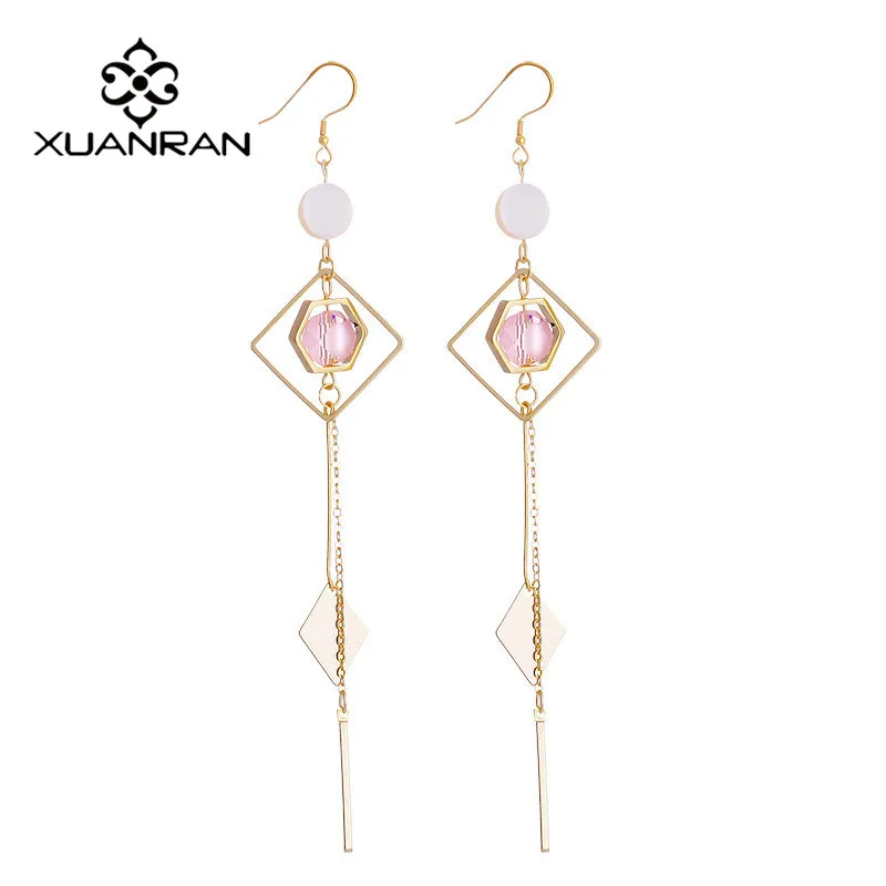 XUANRAN Elegant pink color long tassel dangle earring shell crystal beads Geometric drop for women charm accessories | Украшения и