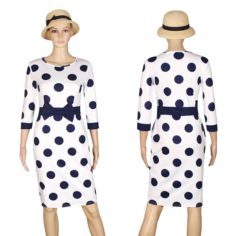 

Autumn Women Elegant Polka Dot Bow Mini Dress O Neck Print Pencil Dress Summer Half Sleeve Bodycon Office Party Dresses LJ9219V