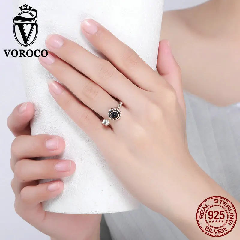 VOROCO 100% Подлинная Стерлингового Серебра 925 Черный Агат Кольцо Регулируемый Палец