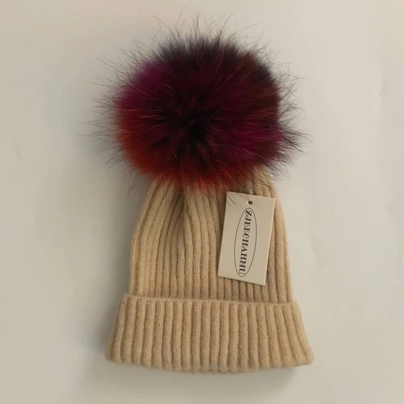 Children Beige Повседневные помпоны из натурального Лисьего меха и норки, 15 см, Skullies Beanies, шапки для женщин и девушек, зимние шерстяные теплые шапки Skullies Beanies, шапки, Новые шапки - Color: Children Beige