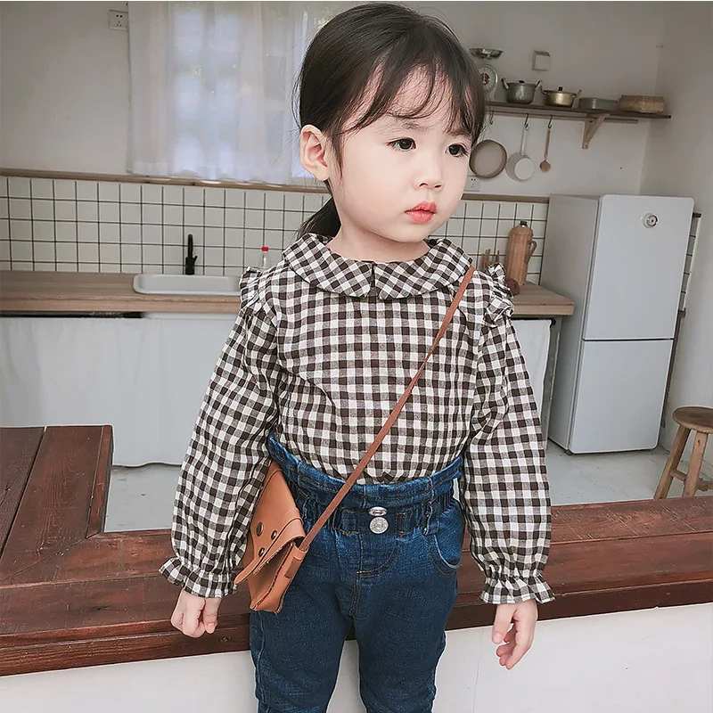 Autumn New Arrival cotton all-match plaid pattern Ear Fungus collar lovely Long Sleeved shirt for cute sweet baby girls