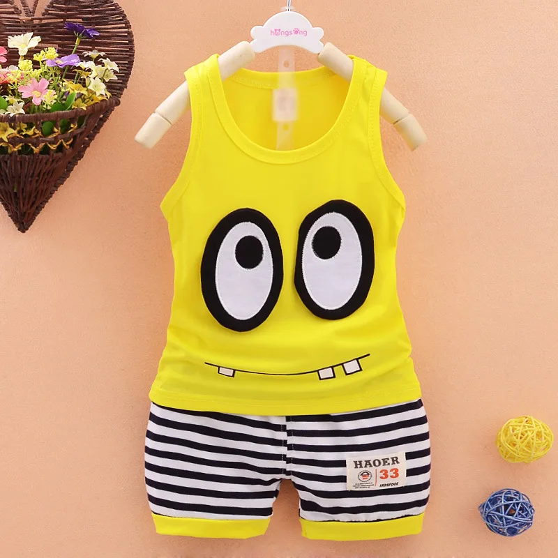 Летние полосатые хлопковые детские костюмы для бега Новинка 2 шт./компл. жилет