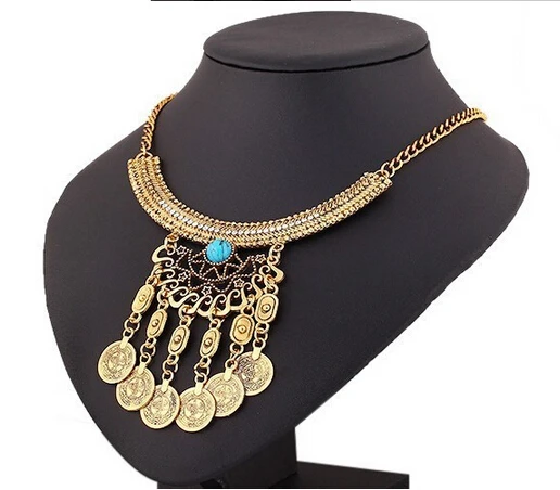 

Bohemian Retro Tribal Crystal Crescent Bead Flower Coin Fringe Bib Necklace Earrings Set Turkish Gypsy Jewelry Set