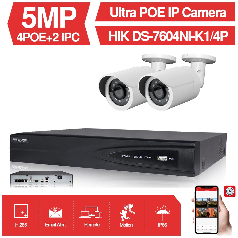 4CH система видеонаблюдения 2 шт. ультра 5MP наружная камера безопасности POE с Hikvision 4 POE NVR DS-7604NI-K1/4 P DIY комплекты видеонаблюдения