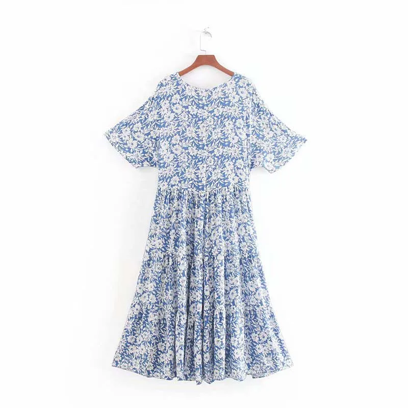 2019 лето осень Boho синий белый цветочный принт пляжное платье с v образным вырезом