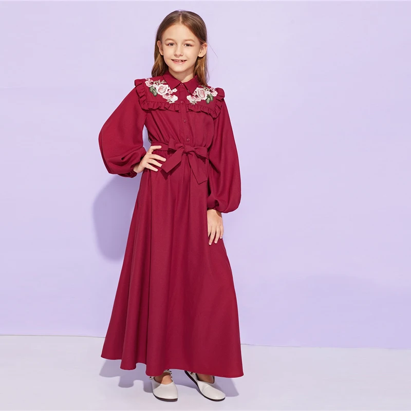 SHEIN/милое Бордовое платье с оборкой и поясом для девочек; детская одежда; коллекция года; весеннее повседневное длинное платье трапециевидной формы с длинными рукавами и пуговицами